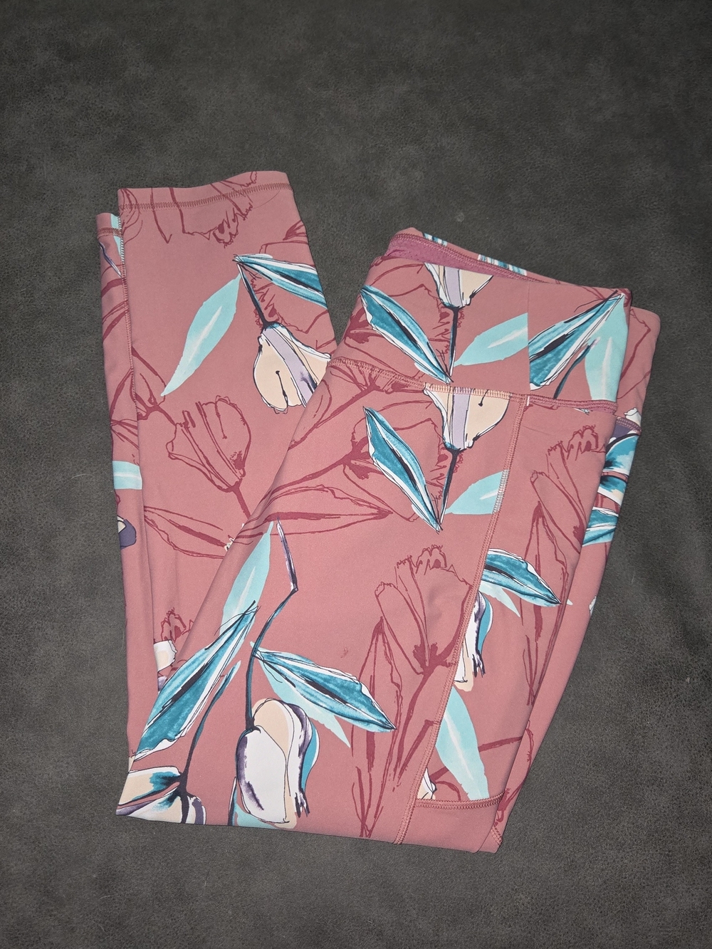 CALIA Floral Print Leggings - Mauve Pink with Teal Accents